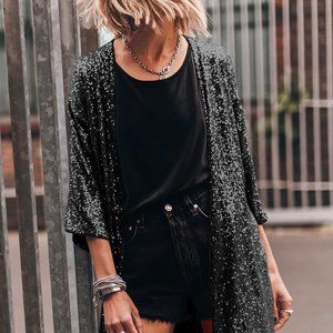 Warehouse Black Sequin Open Front Duster Cardigan